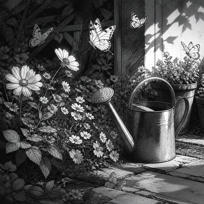 a garden scene with butterflies, flowers and a watering can, clean uncolored line art, no text