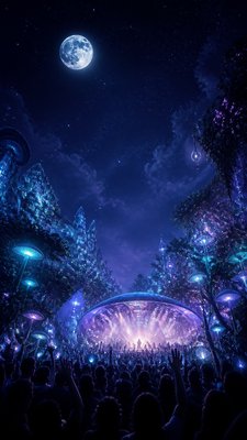 a live music scene with a glowing stage and silhouetted crowd, energetic vertical composition with open space at the top, no text