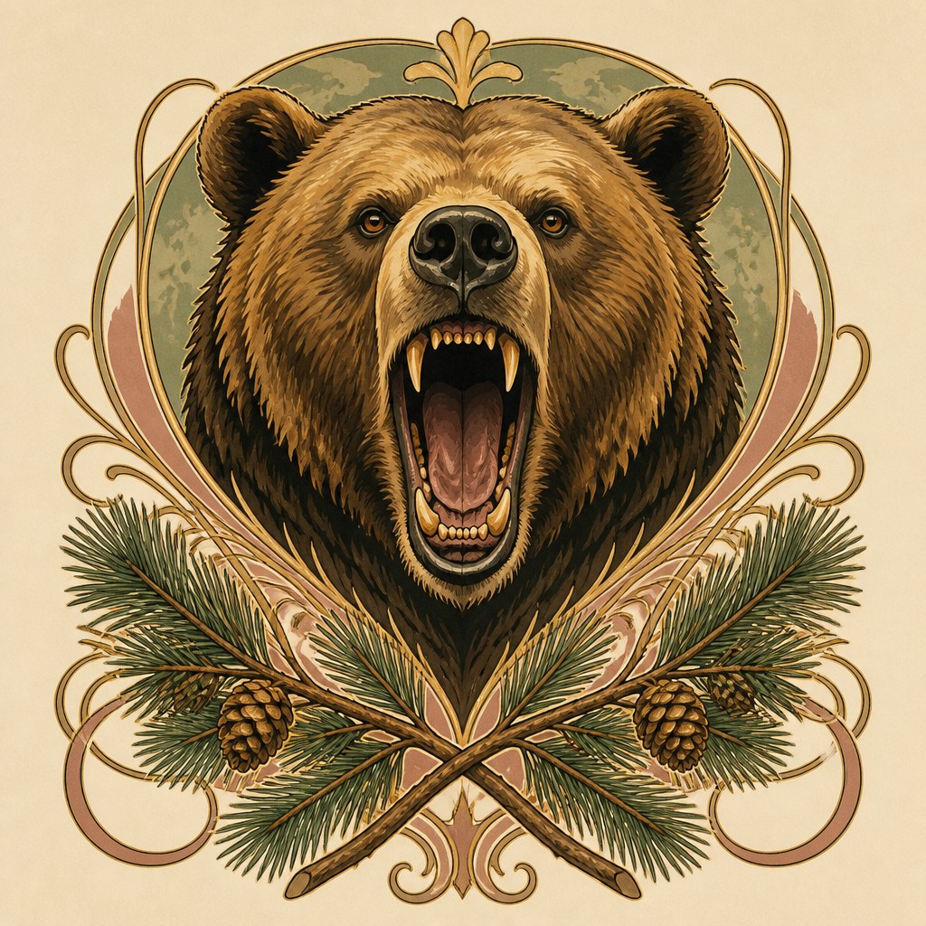 a roaring bear head above crossed pine branches, bold graphic composition on a plain background, no text