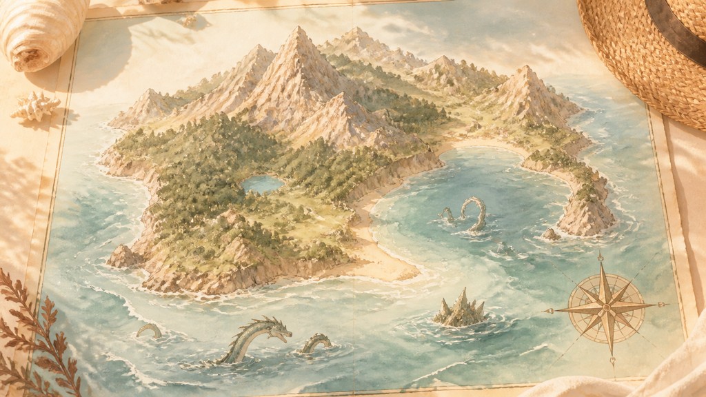 a map of an island realm with mountains, forests, a sheltered bay, sea monsters in the water and a compass rose, no text labels