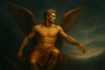 a painting of a man with wings sitting on a chair