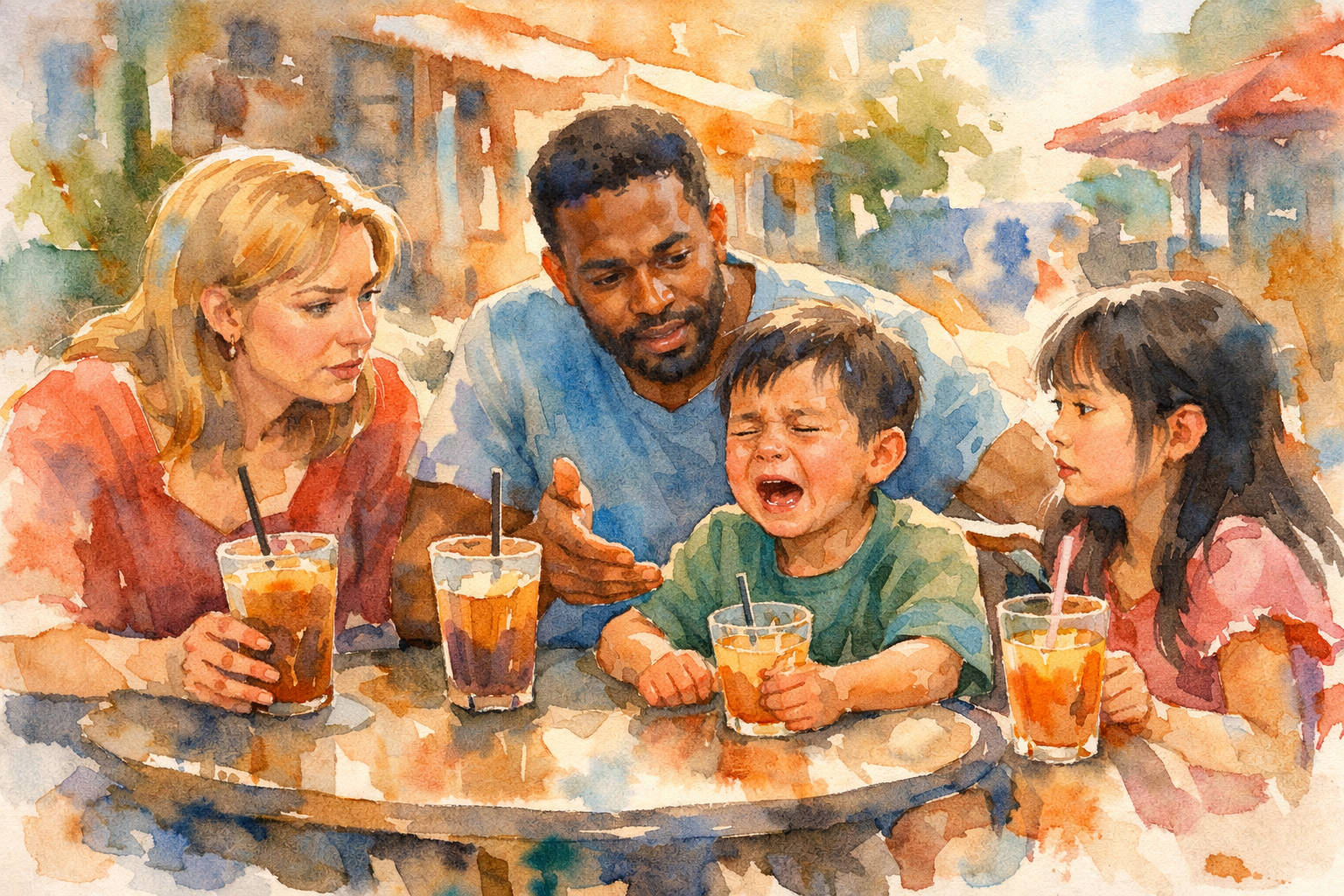 An outdoor scene on a street in town. A White Mom and African-American Dad with their two Asian children are sitting at a sidewalk cafe. The mood is warm and safe. Everyone has a drink. Mom and Dad are talking to the boy, who is making a fuss. He is unhappy about something, and crying. His sister is looking on. Dad is about to say something.