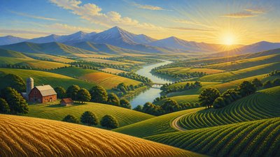 a vast valley with a river winding toward distant mountains at sunrise, no people, no text