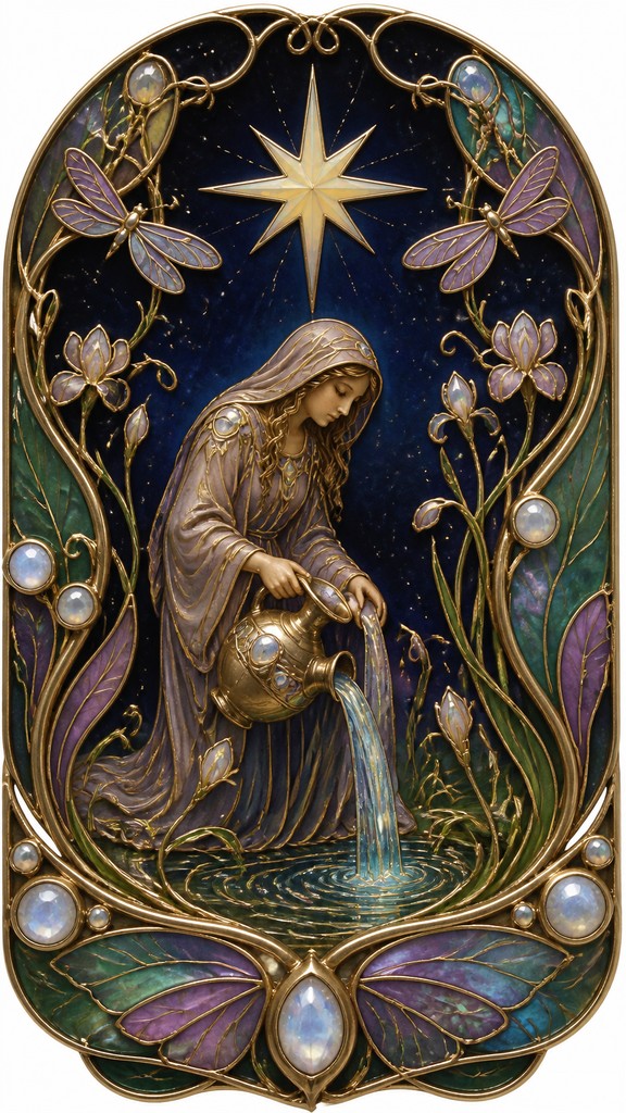 a robed figure pouring water beneath a large eight-pointed star in a night sky, symmetrical composition with an ornate decorative border, no text