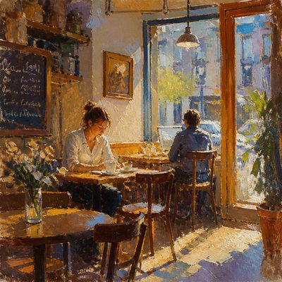 cozy cafe interior with warm lighting