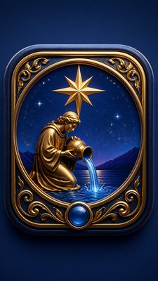 a robed figure pouring water beneath a large eight-pointed star in a night sky, symmetrical composition with an ornate decorative border, no text