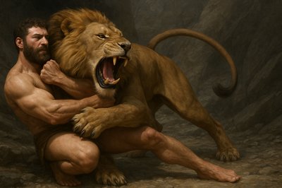 a painting of a man hugging a lion