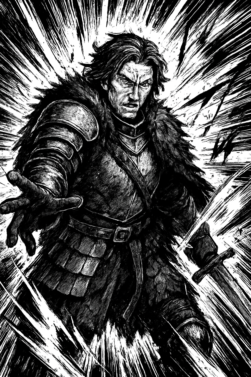 a black and white drawing of a man in armor