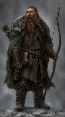 full-body original character: a dwarven ranger with a braided auburn beard, worn leather armor, a longbow and a wolf-pelt cloak, neutral background, no text
