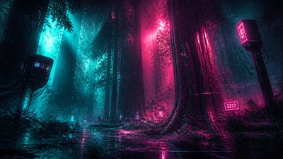 a panoramic redwood forest with light rays through mist, no people