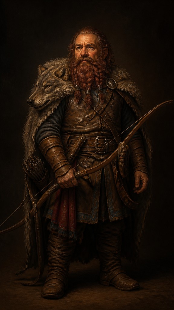 full-body original character: a dwarven ranger with a braided auburn beard, worn leather armor, a longbow and a wolf-pelt cloak, neutral background, no text