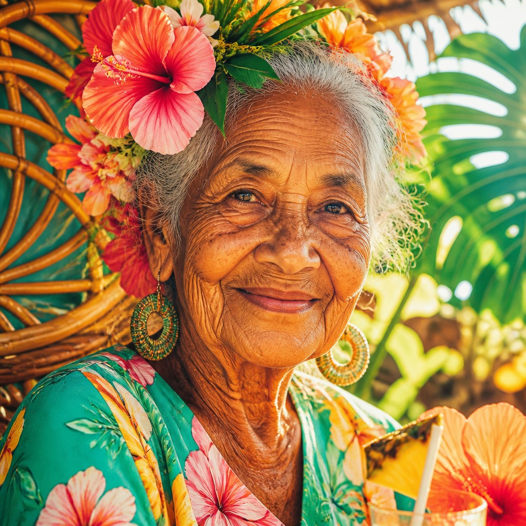 close-up portrait of an elderly person with expressive weathered features — Tropicalcore Aesthetic