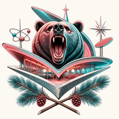 a roaring bear head above crossed pine branches, bold graphic composition on a plain background, no text