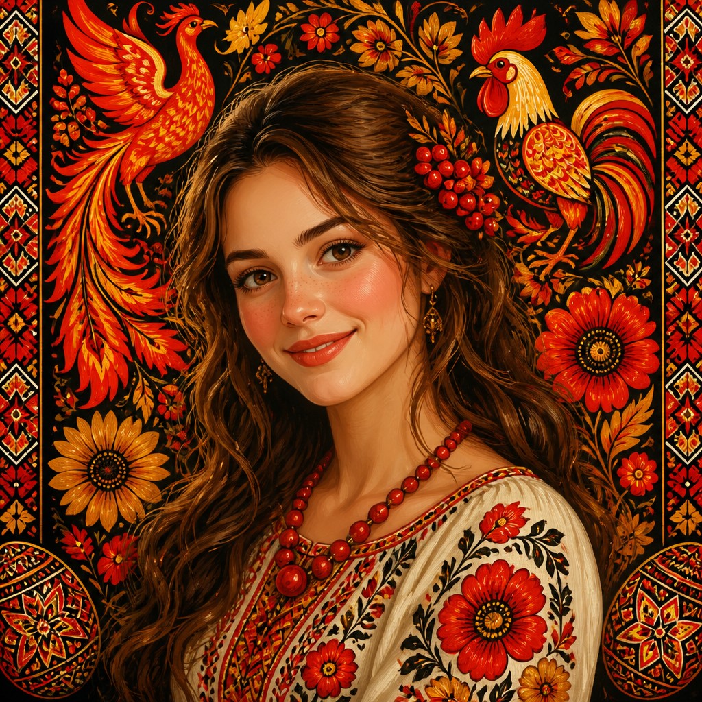 head-and-shoulders portrait of an original character: a young woman with wavy chestnut hair and a warm smile, plain soft backdrop