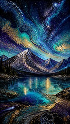 a tranquil mountain lake beneath a starry night sky, no people, no text