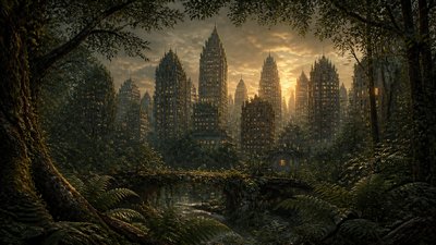 a city skyline panorama at dusk with glowing windows, no people