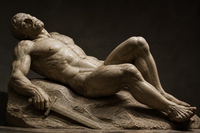 ancient greek sculpture of an ignudi warrior lying on the ground with sword in one hand