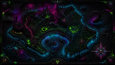a map of an island realm with mountains, forests, a sheltered bay, sea monsters in the water and a compass rose, no text labels