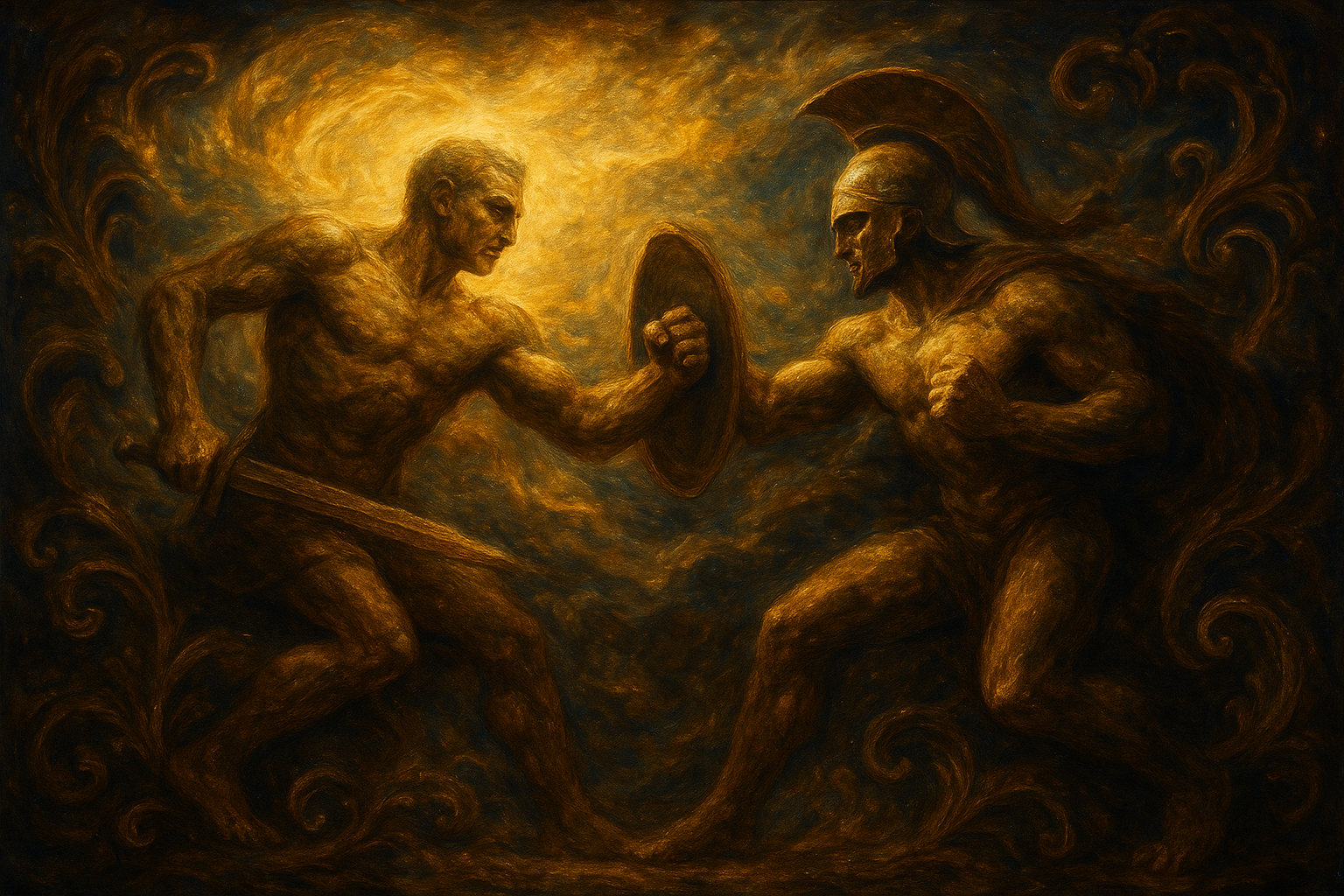 a painting of two men fighting with each other