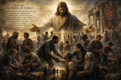 “You Are the Body of Christ. The body is one, although it has many parts; and all the parts, though many, form one body. So it is with Christ. For in the one Spirit we were all baptized into one body, Jews as well as Greeks, slaves as well as free men, and we were all given the same Spirit to drink. 
–  1 Corinthians 12:12-13
