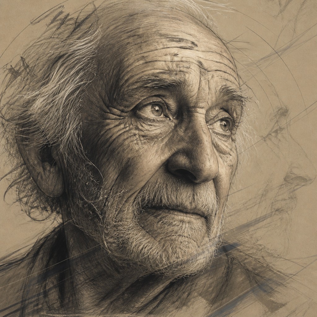 close-up portrait of an elderly person with expressive weathered features — Implied Line Art Style