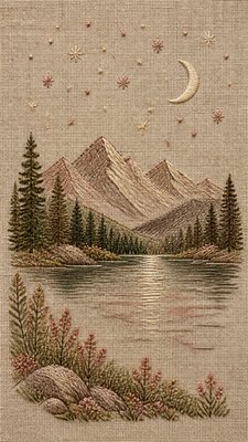 a tranquil mountain lake beneath a starry night sky, no people, no text