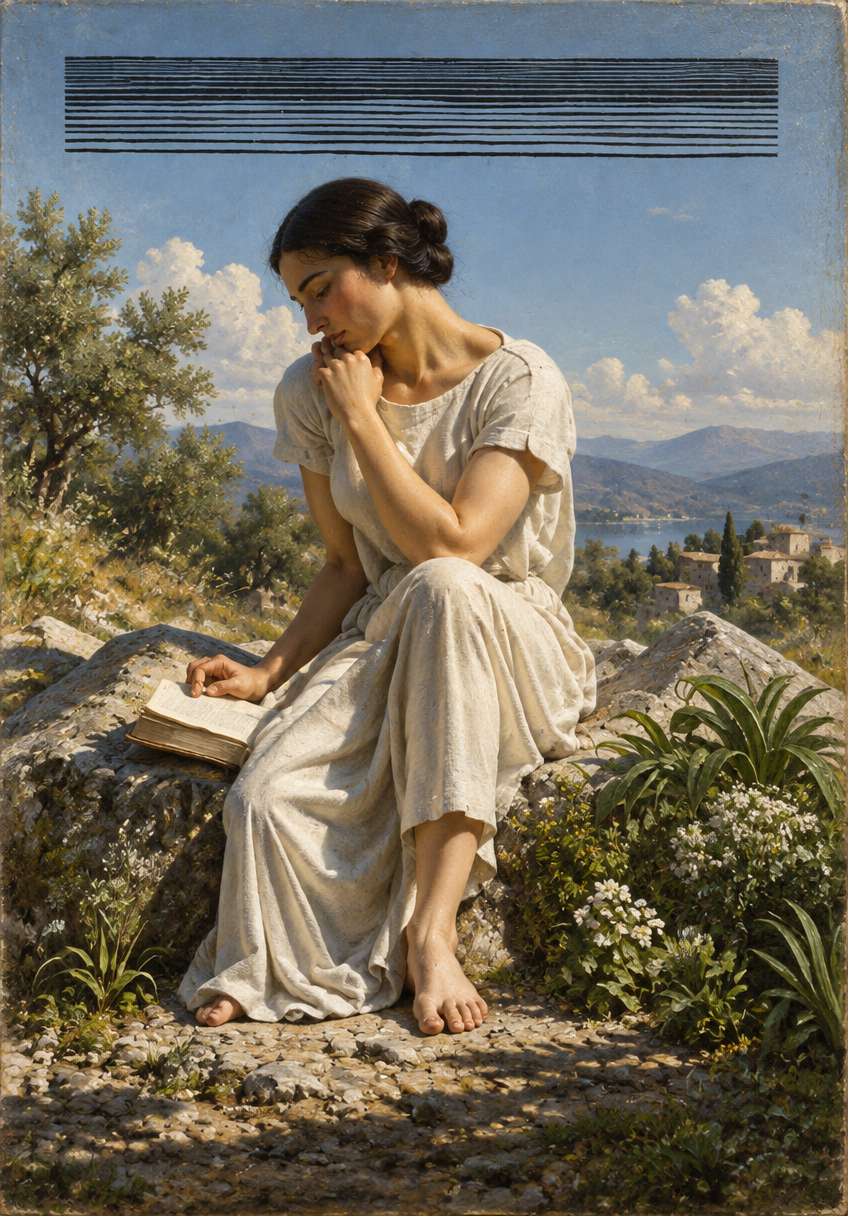 a painting of a woman sitting on a rock reading a book