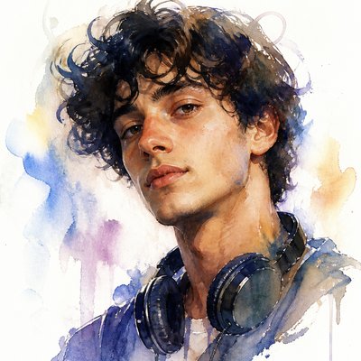 head-and-shoulders portrait of an original character: a young man with curly dark hair and headphones around his neck, plain backdrop, no text