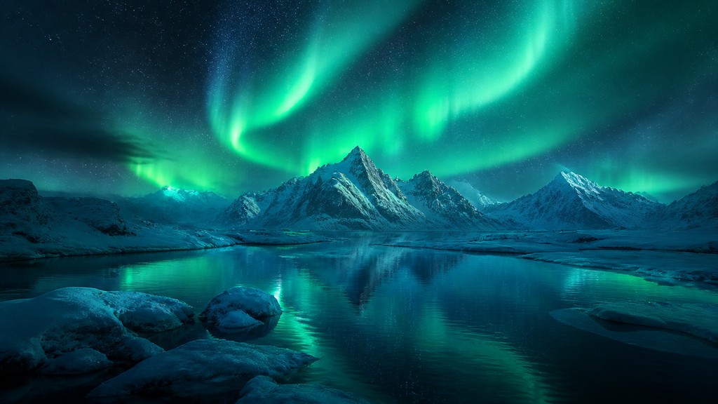 a flowing aurora over snowy peaks, wide sweeping composition, no people, no text