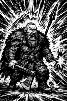a black and white drawing of a man with a hammer