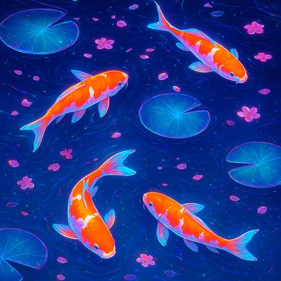 A koi pond seen from above, orange and white koi fish swimming among lily pads, clear water with subtle ripples, fallen cherry blossom petals floating on the surface, dappled sunlight