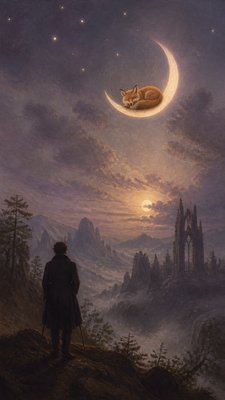 a sleeping baby fox curled on a crescent moon among soft stars, gentle and warm, no text