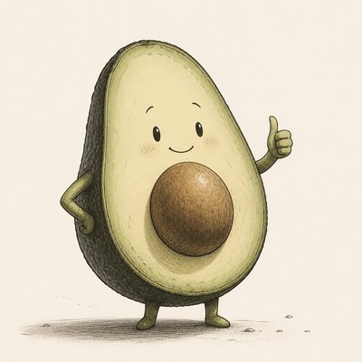 a happy avocado character giving a thumbs up, bold readable design on a plain background, no text