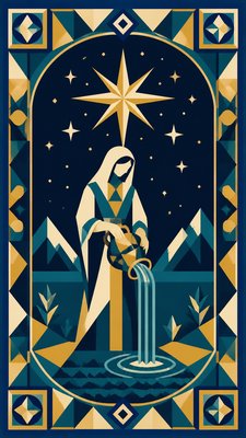 a robed figure pouring water beneath a large eight-pointed star in a night sky, symmetrical composition with an ornate decorative border, no text