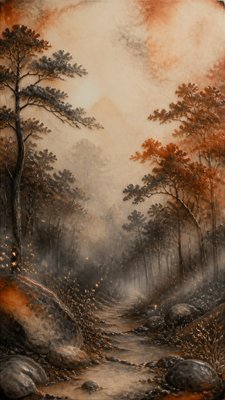 a mysterious forest path with fireflies and drifting mist, atmospheric vertical composition with open space at the top, no text