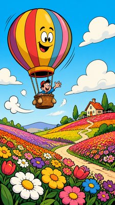 a hot air balloon drifting over rolling flower fields on a sunny day, cheerful, no text