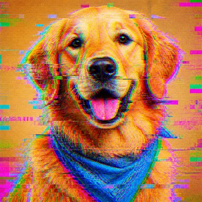 portrait of a golden retriever wearing a blue bandana, warm plain backdrop, no text