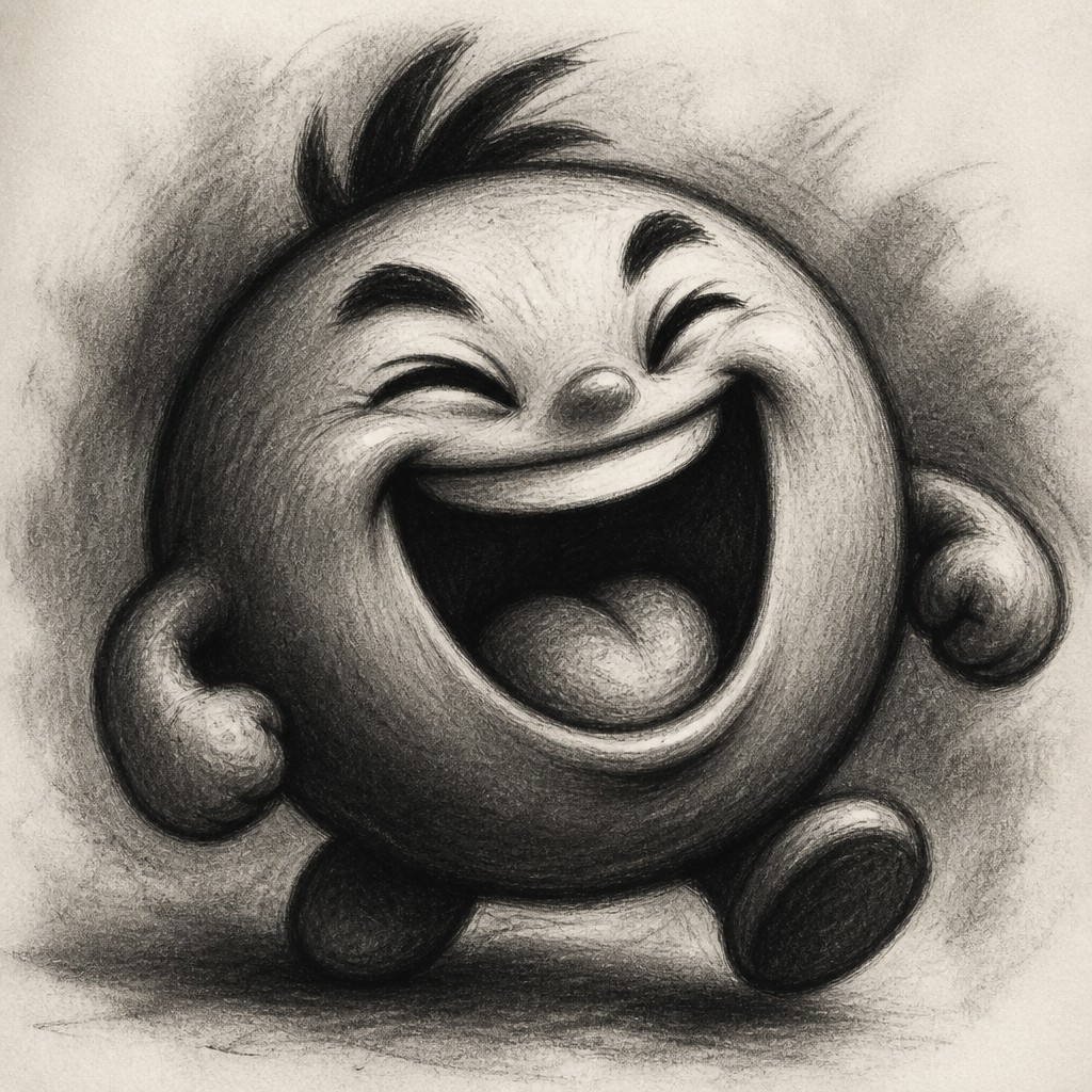 an exaggerated laughing face of an original round mascot character, bold and readable at small size, plain background, no text