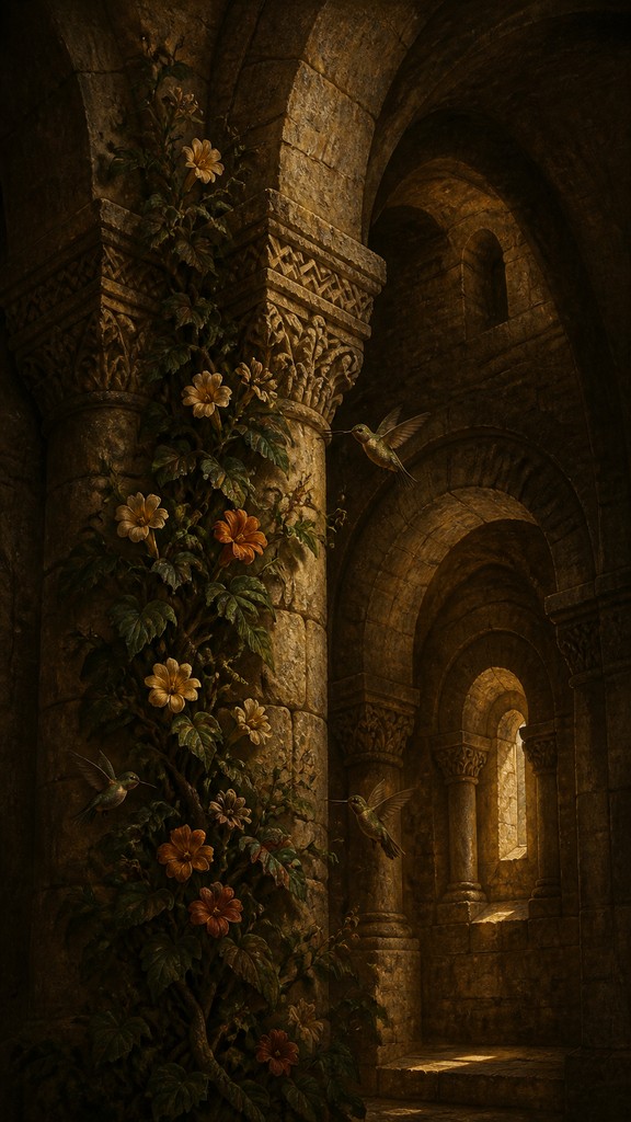 a climbing vine of flowers and hummingbirds on a dark background, tall wrapping composition, no text