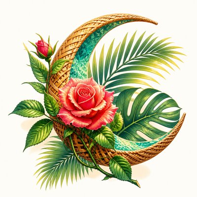 a rose entwined with a crescent moon, clean balanced composition on a plain background, no text