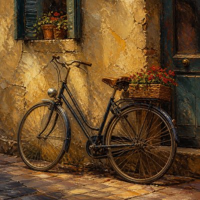 bicyle resting against a wall