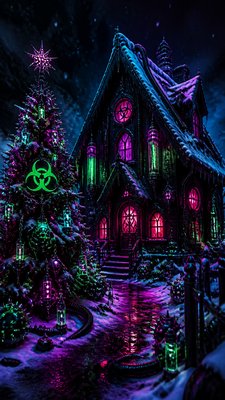 a snow-covered cottage with warm glowing windows beside a decorated pine tree, gentle snowfall, no text