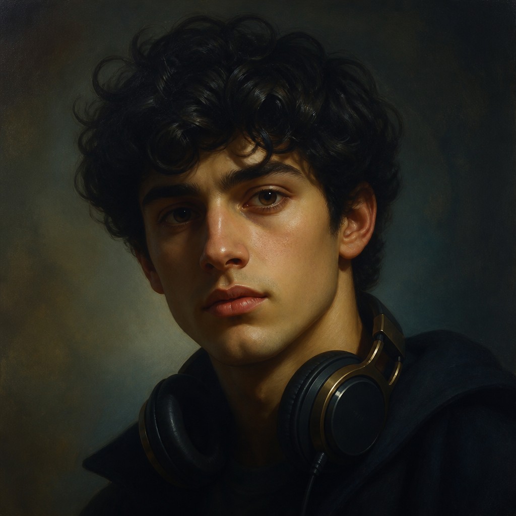 head-and-shoulders portrait of an original character: a young man with curly dark hair and headphones around his neck, plain backdrop, no text