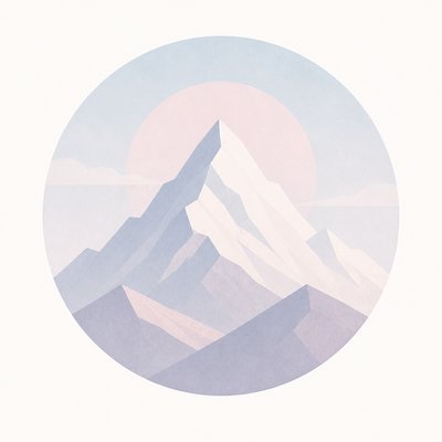 an emblem of a mountain peak inside a circle, simple bold shapes on a plain background, no text or lettering