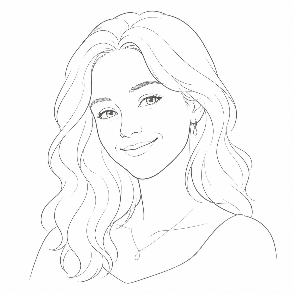 head-and-shoulders portrait of an original character: a young woman with wavy chestnut hair and a warm smile, plain soft backdrop