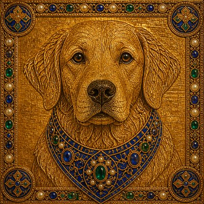 portrait of a golden retriever wearing a blue bandana, warm plain backdrop, no text