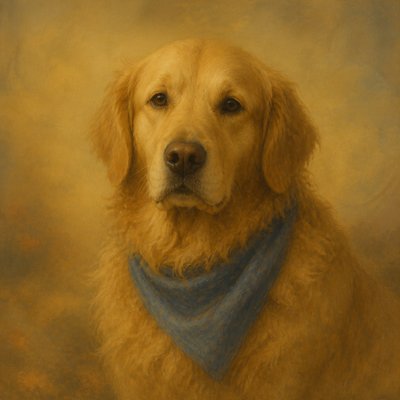 portrait of a golden retriever wearing a blue bandana, warm plain backdrop, no text