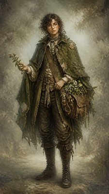 full-body original character: a wandering botanist with a satchel of plants, a patched green cloak, tall boots and round glasses, neutral background