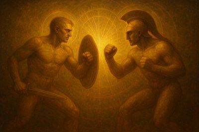 a painting of two men facing each other