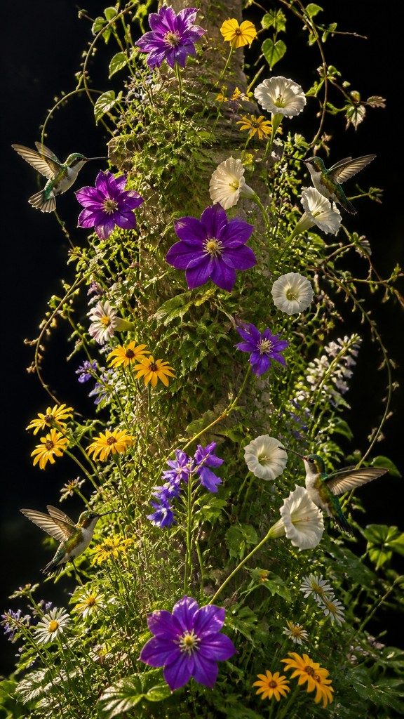 a climbing vine of flowers and hummingbirds on a dark background, tall wrapping composition, no text